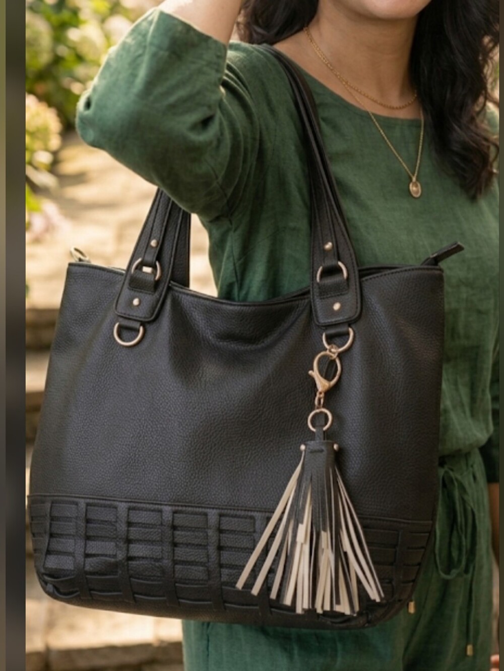 STEVE MADDEN Black Woven Accent Fringe Hobo Tote